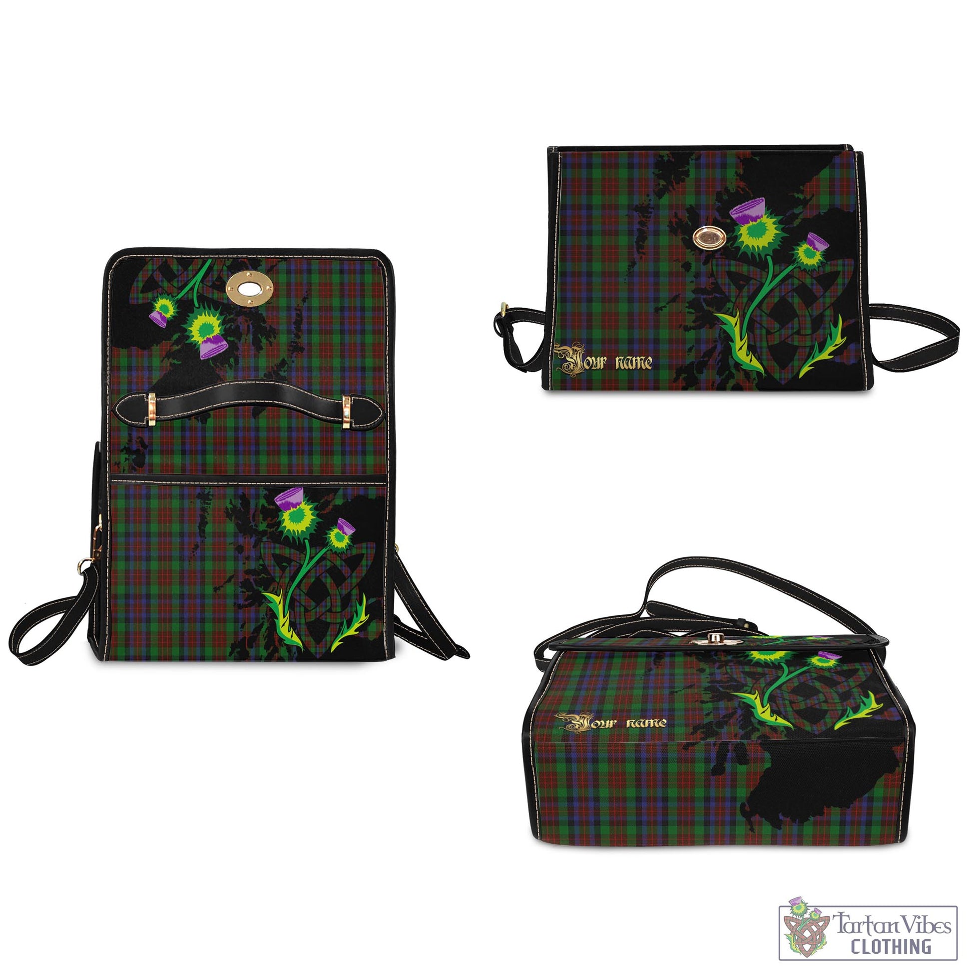 Tartan Vibes Clothing MacDuff Hunting Tartan Waterproof Canvas Bag with Scotland Map and Thistle Celtic Accents