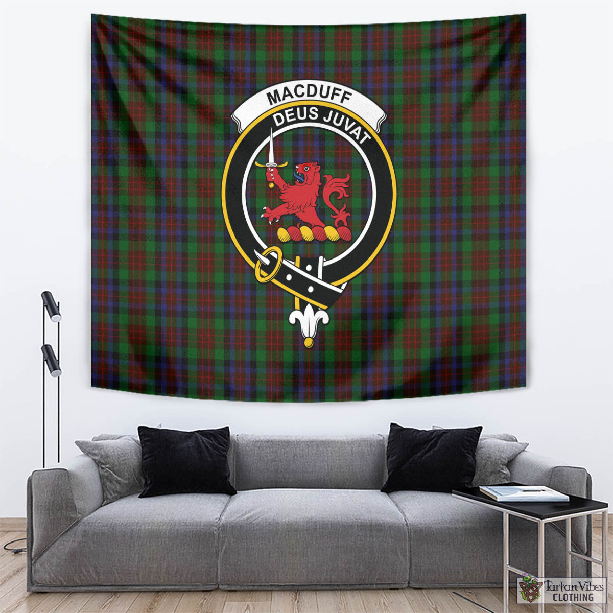 Tartan Vibes Clothing MacDuff Hunting Tartan Tapestry Wall Hanging and Home Decor for Room with Family Crest