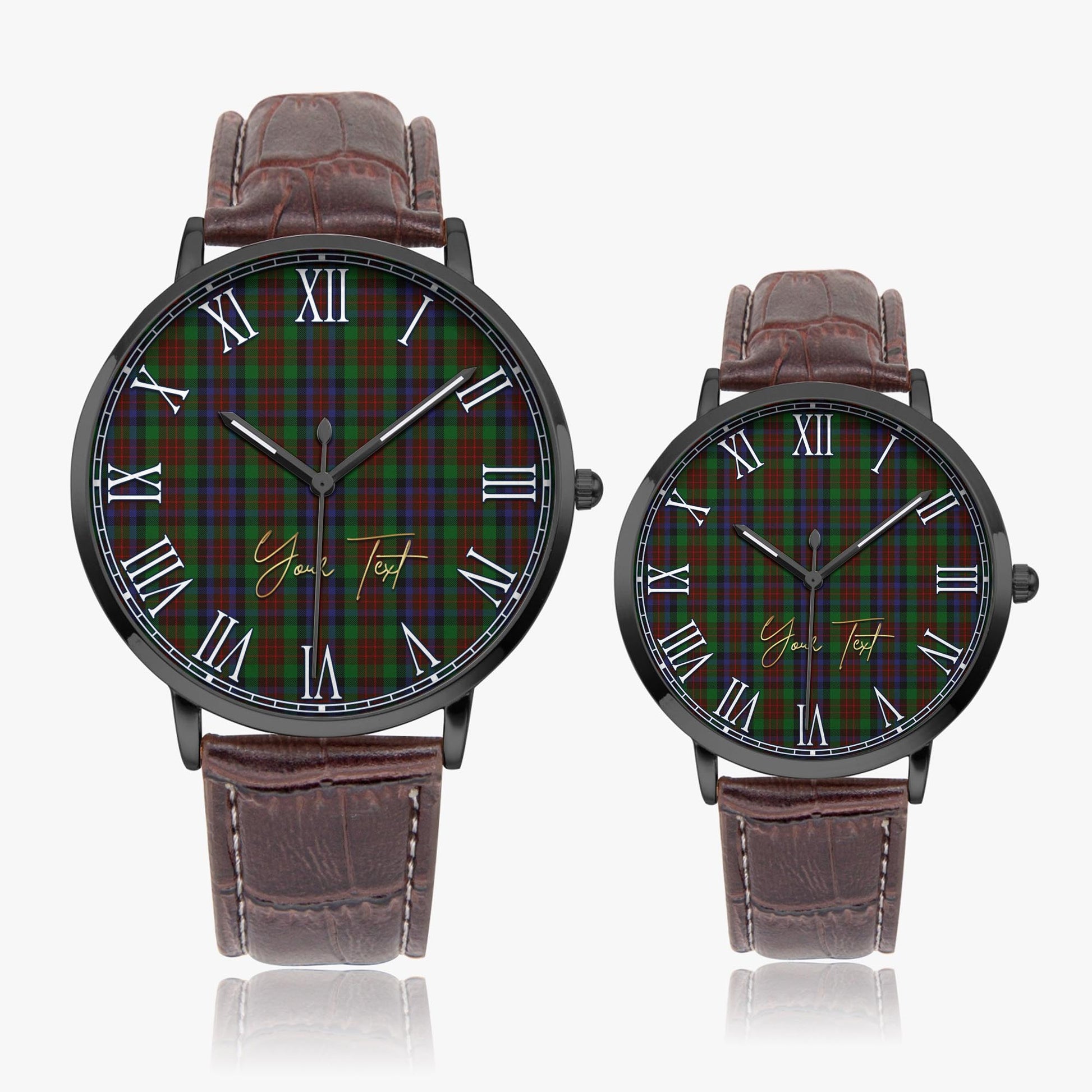 MacDuff Hunting Tartan Personalized Your Text Leather Trap Quartz Watch Ultra Thin Black Case With Brown Leather Strap - Tartanvibesclothing