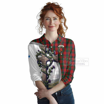 MacDuff (McDuff) Tartan Women's Casual Shirt with Family Crest and St. Andrew's Cross Accented by Thistle Vines