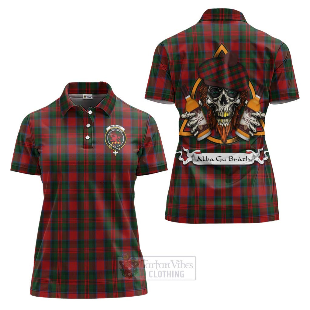 Tartan Vibes Clothing MacDuff (McDuff) Tartan Women's Polo Shirt with Family Crest and Bearded Skull Holding Bottles of Whiskey