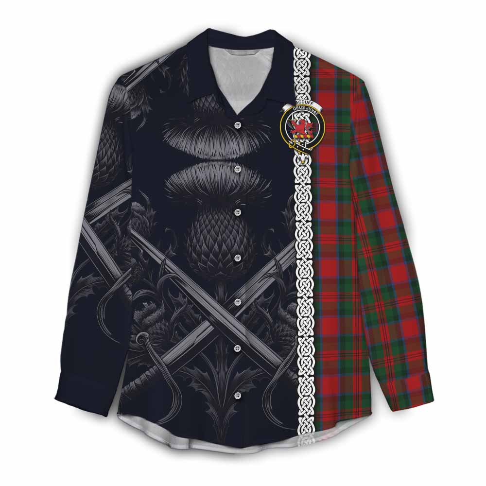 Tartan Vibes Clothing MacDuff (McDuff) Tartan Women's Casual Shirt with Family Crest Cross Sword Thistle Celtic Vibes