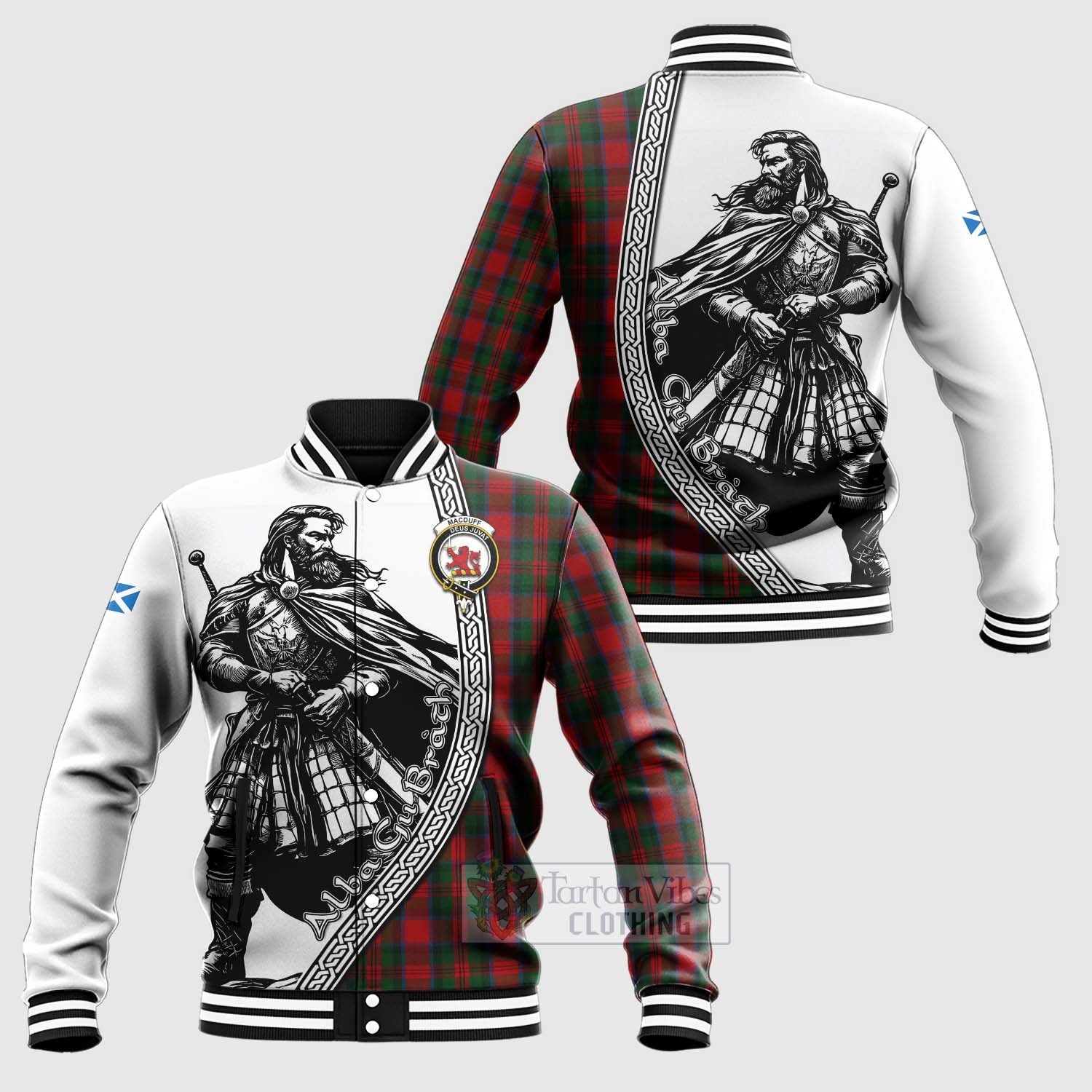 Tartan Vibes Clothing MacDuff (McDuff) Tartan Clan Crest Baseball Jacket with Highlander Warrior Celtic Style