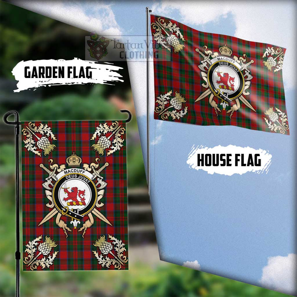 Tartan Vibes Clothing MacDuff (McDuff) Tartan Flag with Family Crest and Golden Thistle Crossed Sword Design