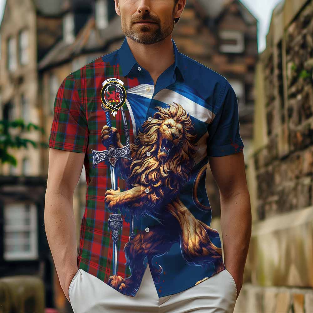 Tartan Vibes Clothing MacDuff (McDuff) Tartan Family Crest Short Sleeve Button Shirt with Scottish Majestic Lion