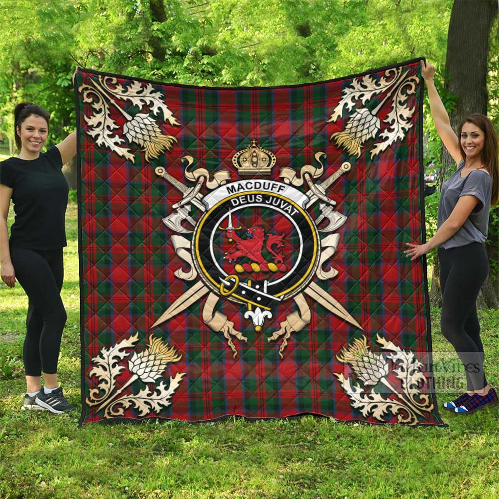 Tartan Vibes Clothing MacDuff (McDuff) Tartan Quilt with Family Crest and Scottish Golden Courage Shield