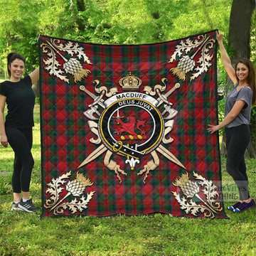 MacDuff (McDuff) Tartan Quilt with Family Crest and Golden Thistle Crossed Sword Design