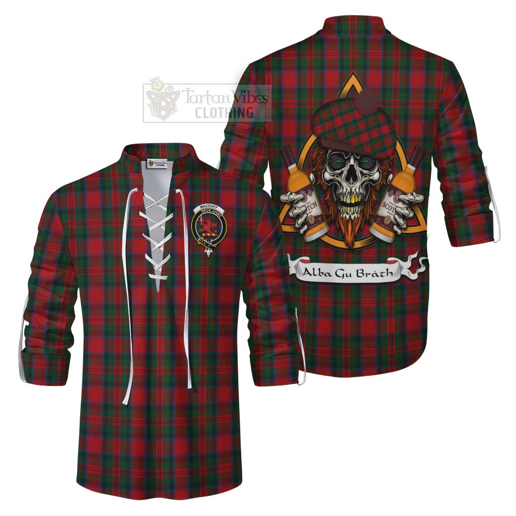 Tartan Vibes Clothing MacDuff (McDuff) Tartan Ghillie Kilt Shirt with Family Crest and Bearded Skull Holding Bottles of Whiskey