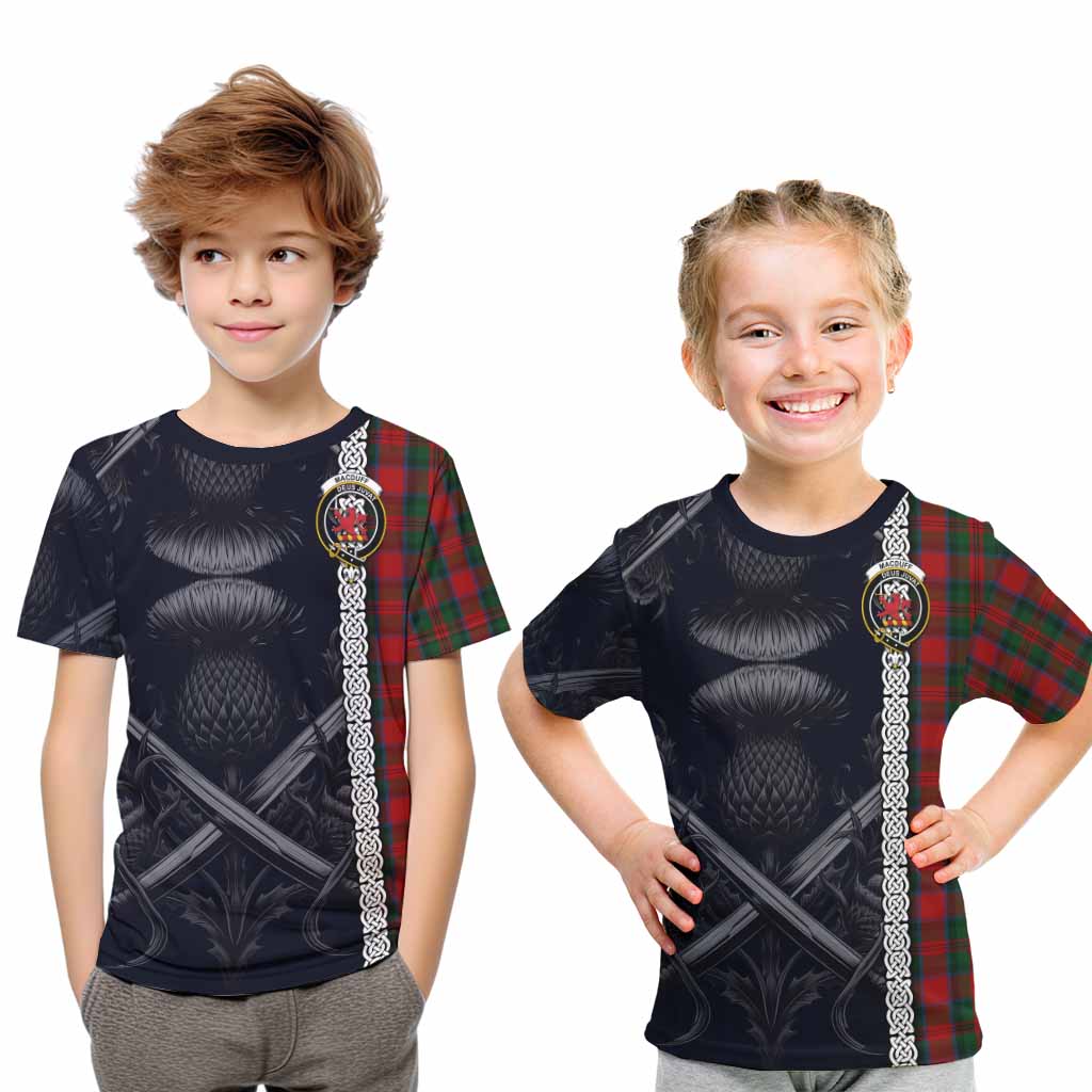 Tartan Vibes Clothing MacDuff (McDuff) Tartan Kid T-Shirt with Family Crest Cross Sword Thistle Celtic Vibes