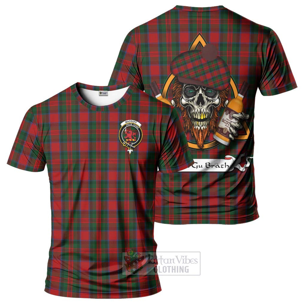 Tartan Vibes Clothing MacDuff (McDuff) Tartan T-Shirt with Family Crest and Bearded Skull Holding Bottles of Whiskey