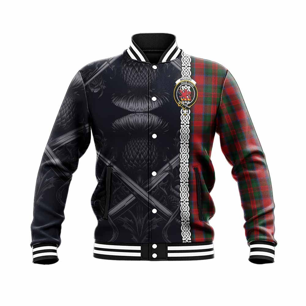 Tartan Vibes Clothing MacDuff (McDuff) Tartan Baseball Jacket with Family Crest Cross Sword Thistle Celtic Vibes