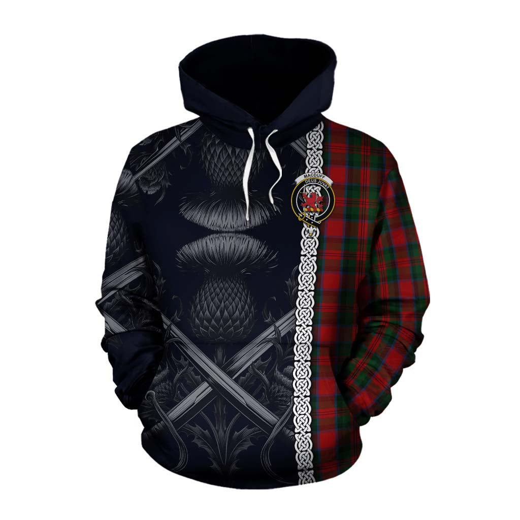 Tartan Vibes Clothing MacDuff (McDuff) Tartan Cotton Hoodie with Family Crest Cross Sword Thistle Celtic Vibes