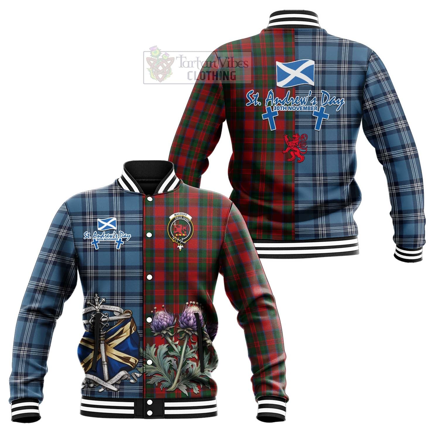 Tartan Vibes Clothing MacDuff (McDuff) Tartan Baseball Jacket Happy St. Andrew's Day Half Tartan Style