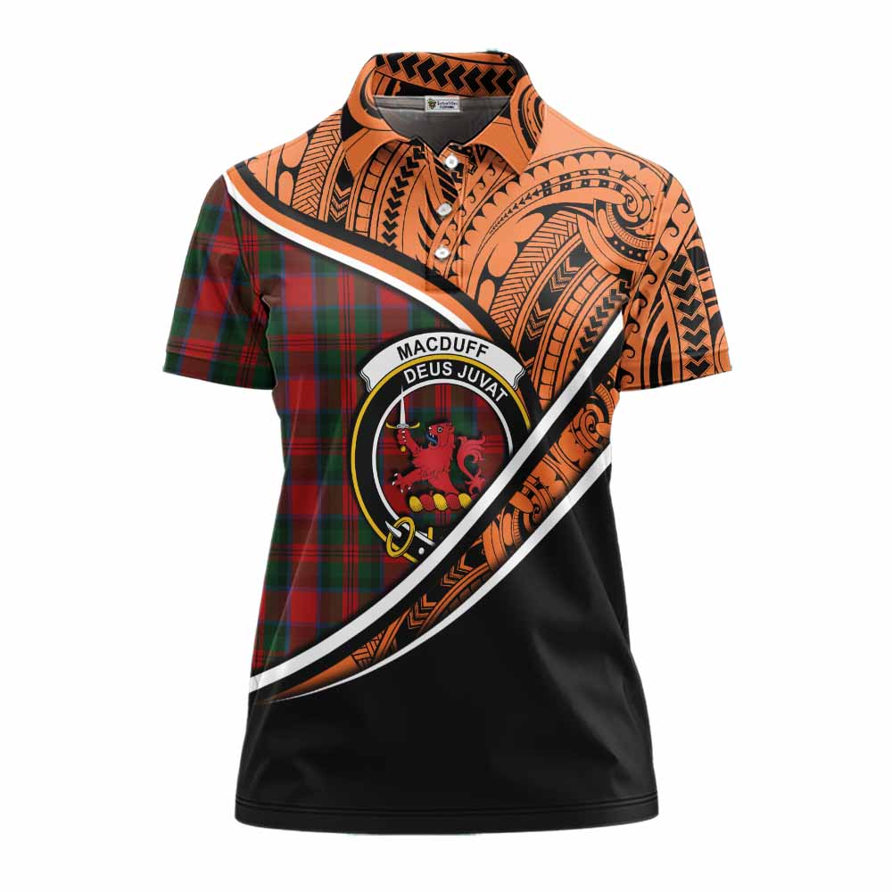 Tartan Vibes Clothing MacDuff (McDuff) Crest Tartan Women's Polo Shirt with Maori Tattoo Style - Orange Version