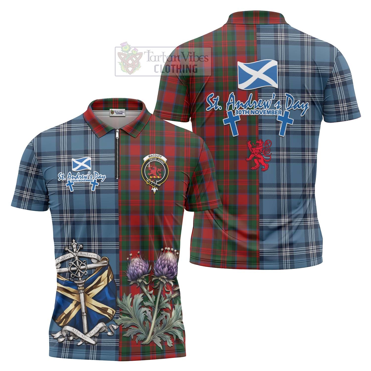 Tartan Vibes Clothing MacDuff (McDuff) Tartan Zipper Polo Shirt Happy St. Andrew's Day Half Tartan Style