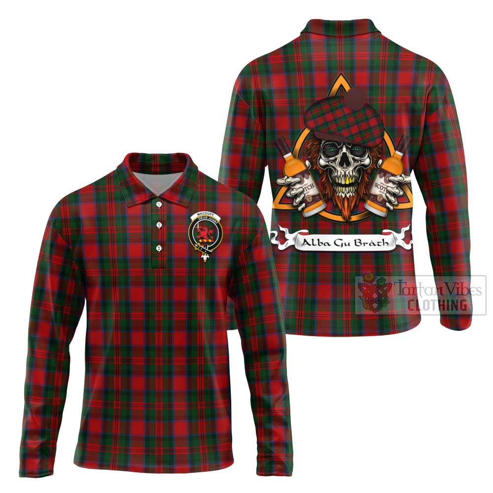 Tartan Vibes Clothing MacDuff (McDuff) Tartan Long Sleeve Polo Shirt with Family Crest and Bearded Skull Holding Bottles of Whiskey