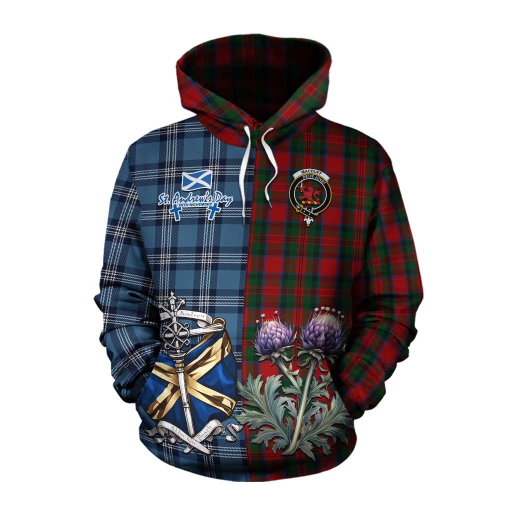 Tartan Vibes Clothing MacDuff (McDuff) Tartan Cotton Hoodie Happy St. Andrew's Day Half Tartan Style