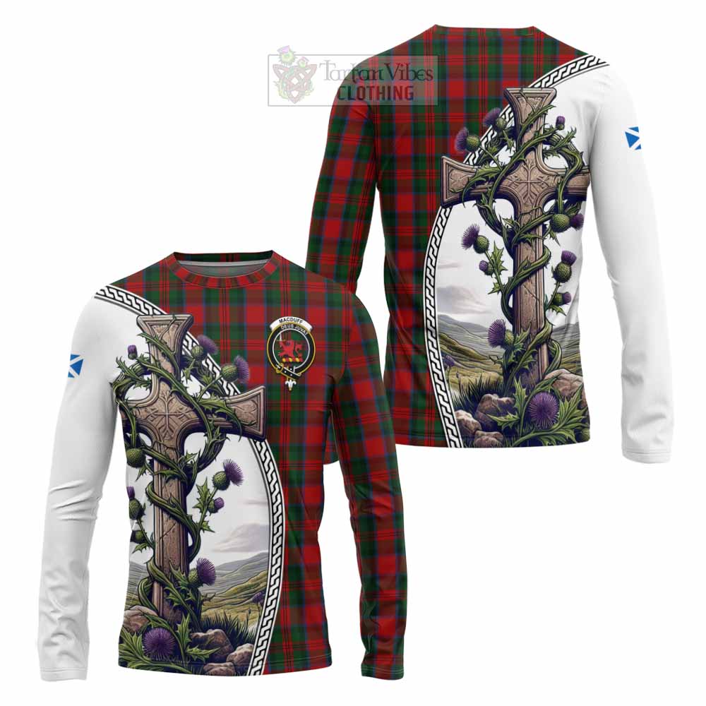 Tartan Vibes Clothing MacDuff (McDuff) Tartan Long Sleeve T-Shirt with Family Crest and St. Andrew's Cross Accented by Thistle Vines