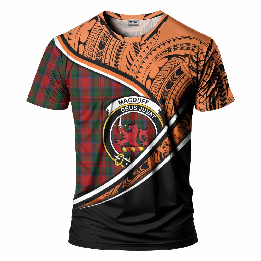 Tartan Vibes Clothing MacDuff (McDuff) Crest Tartan T-Shirt with Maori Tattoo Style - Orange Version