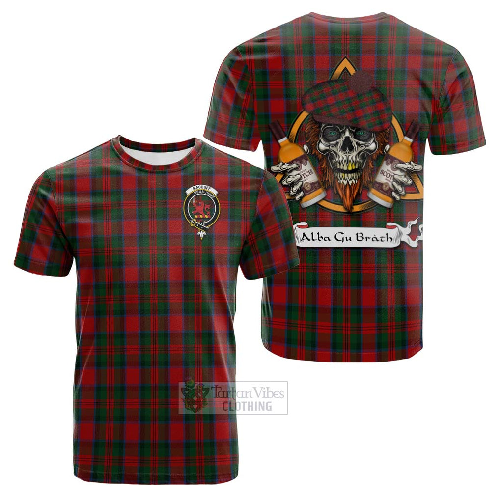 Tartan Vibes Clothing MacDuff (McDuff) Tartan Cotton T-shirt with Family Crest and Bearded Skull Holding Bottles of Whiskey