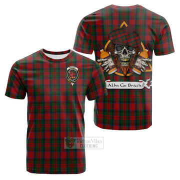 MacDuff (McDuff) Tartan Cotton T-shirt with Family Crest and Bearded Skull Holding Bottles of Whiskey