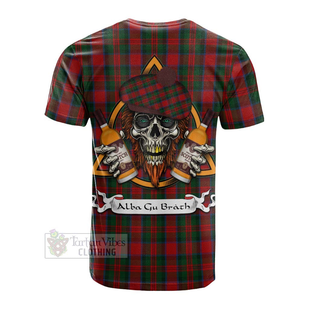 Tartan Vibes Clothing MacDuff (McDuff) Tartan Cotton T-shirt with Family Crest and Bearded Skull Holding Bottles of Whiskey