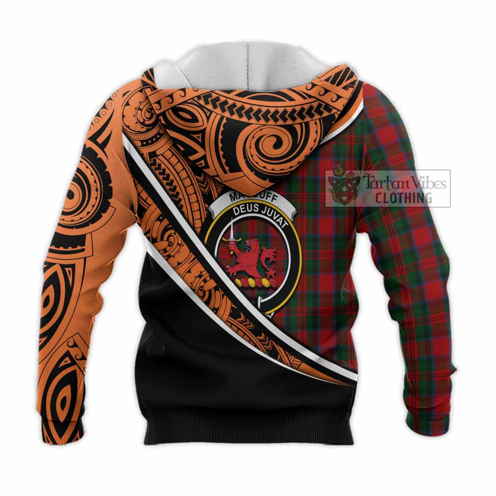 Tartan Vibes Clothing MacDuff (McDuff) Crest Tartan Knitted Hoodie with Maori Tattoo Style - Orange Version