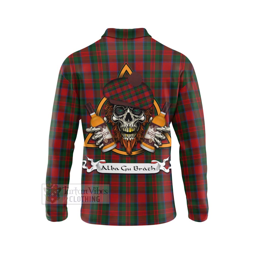 Tartan Vibes Clothing MacDuff (McDuff) Tartan Long Sleeve Polo Shirt with Family Crest and Bearded Skull Holding Bottles of Whiskey