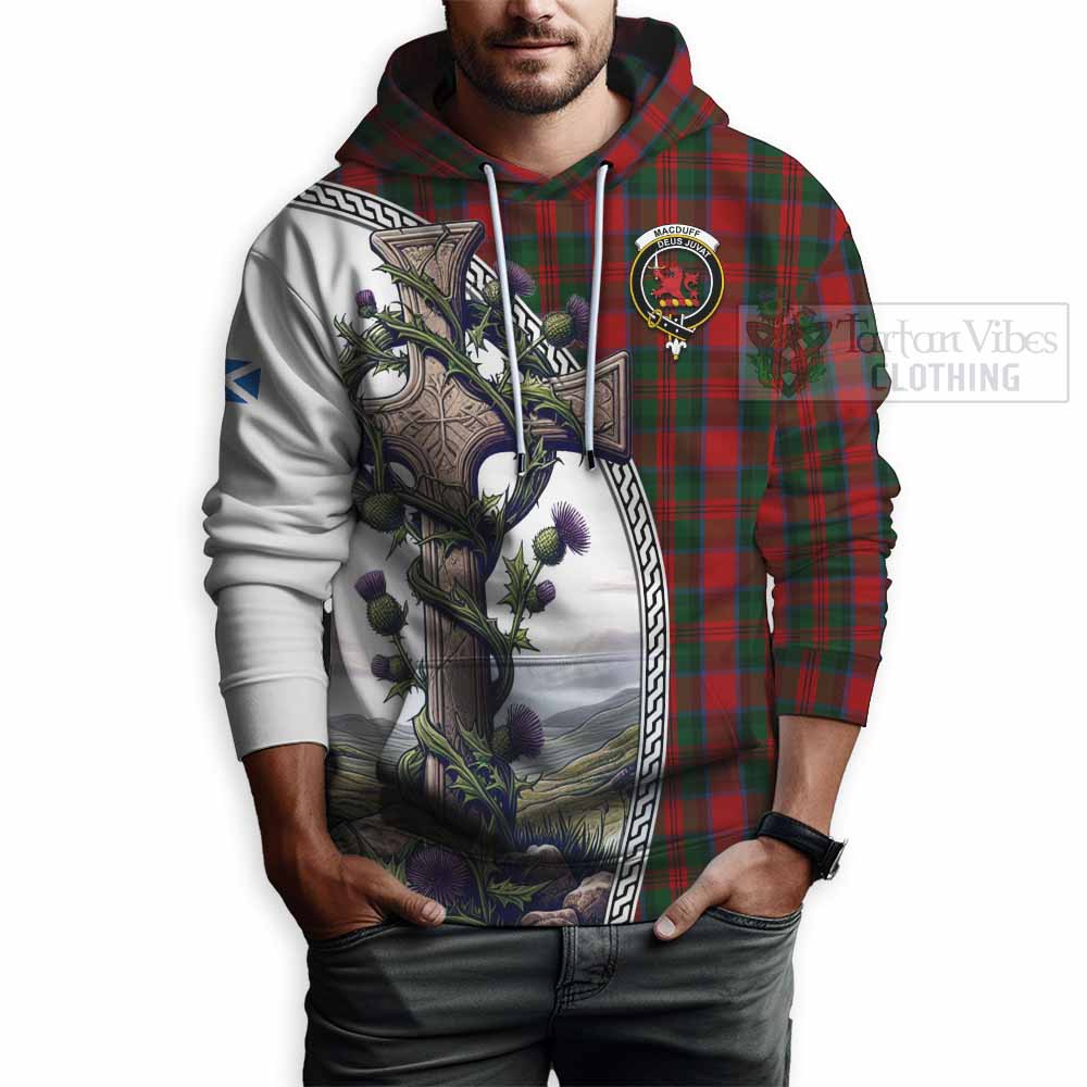 Tartan Vibes Clothing MacDuff (McDuff) Tartan Hoodie with Family Crest and St. Andrew's Cross Accented by Thistle Vines