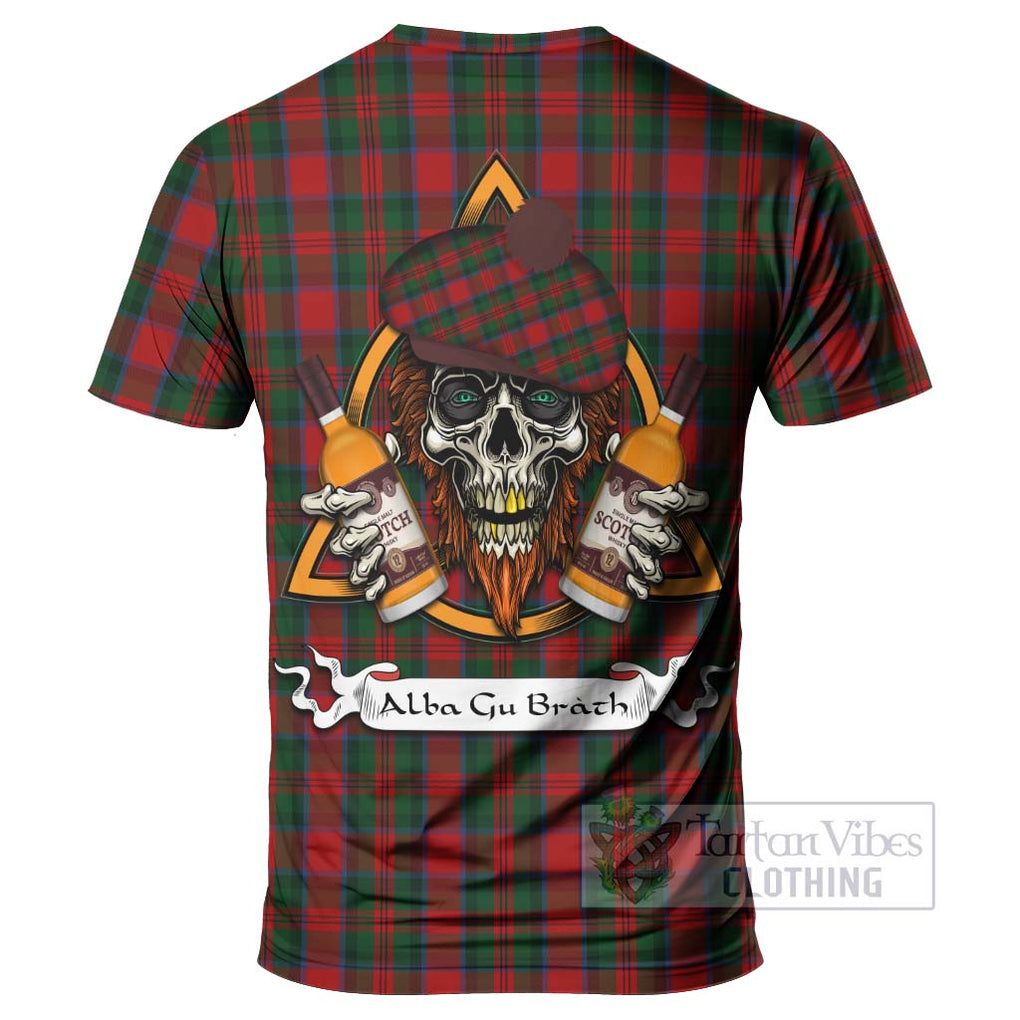 Tartan Vibes Clothing MacDuff (McDuff) Tartan T-Shirt with Family Crest and Bearded Skull Holding Bottles of Whiskey