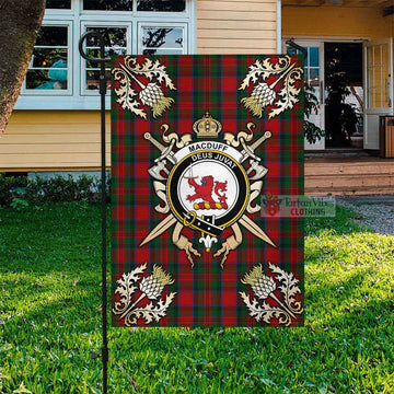 MacDuff (McDuff) Tartan Flag with Family Crest and Golden Thistle Crossed Sword Design