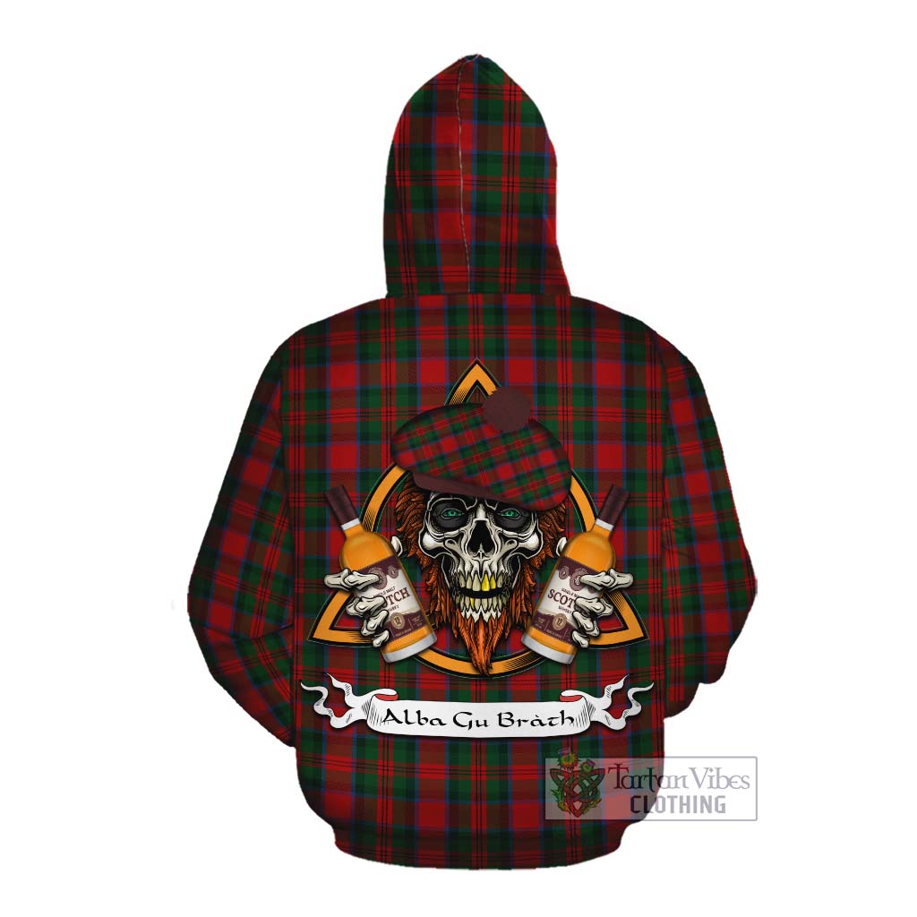 Tartan Vibes Clothing MacDuff (McDuff) Tartan Cotton Hoodie with Family Crest and Bearded Skull Holding Bottles of Whiskey