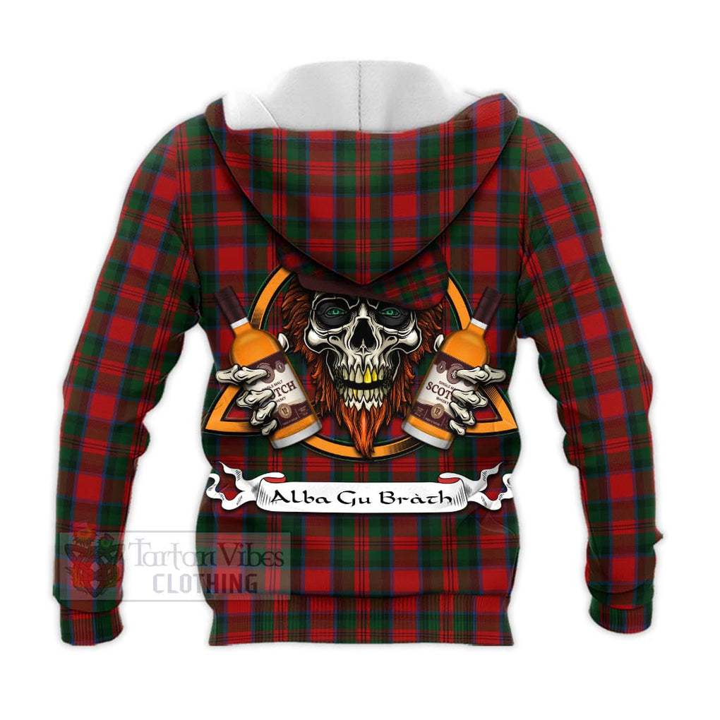 Tartan Vibes Clothing MacDuff (McDuff) Tartan Knitted Hoodie with Family Crest and Bearded Skull Holding Bottles of Whiskey