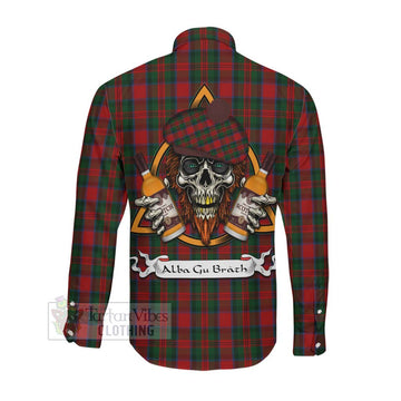 MacDuff (McDuff) Tartan Long Sleeve Button Shirt with Family Crest and Bearded Skull Holding Bottles of Whiskey