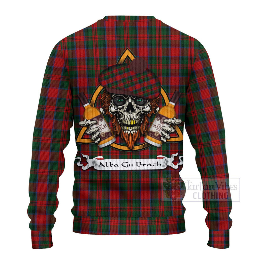 Tartan Vibes Clothing MacDuff (McDuff) Tartan Knitted Sweater with Family Crest and Bearded Skull Holding Bottles of Whiskey