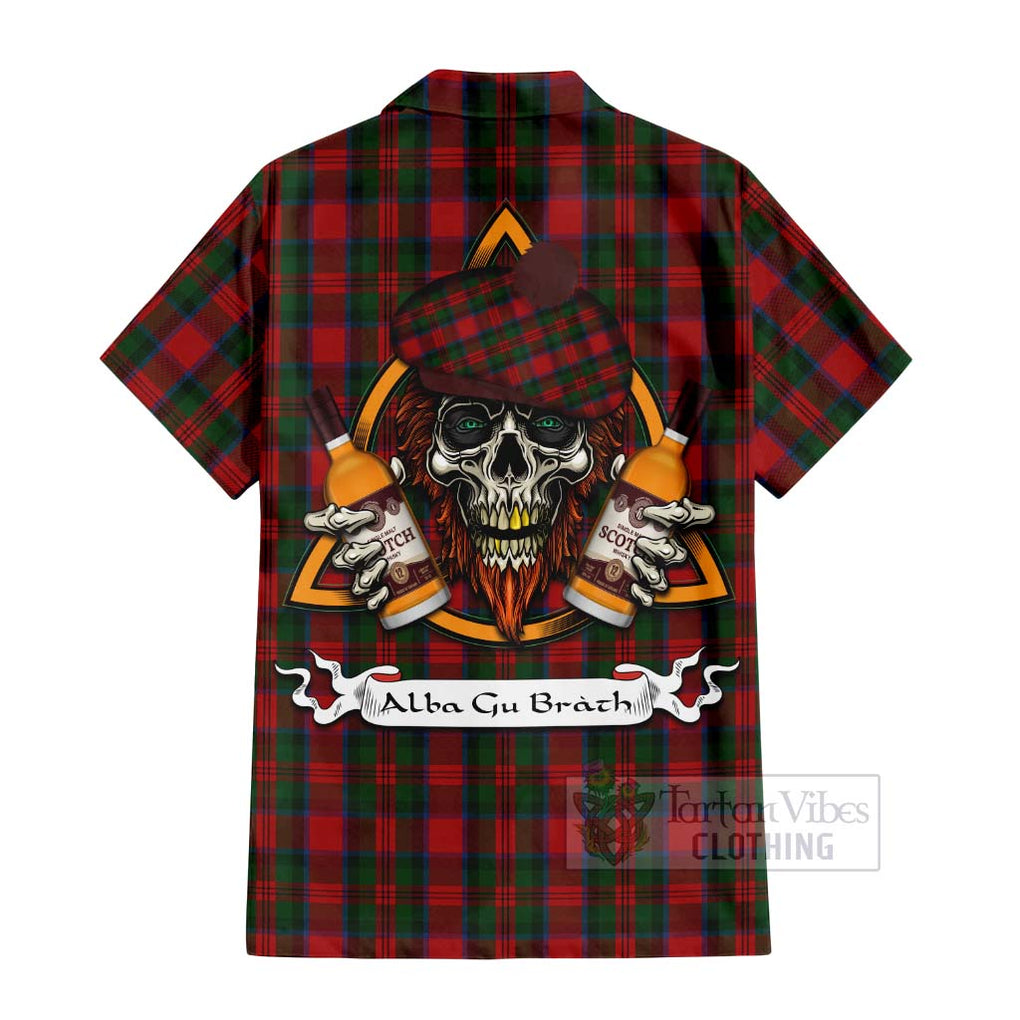 Tartan Vibes Clothing MacDuff (McDuff) Tartan Short Sleeve Button Shirt with Family Crest and Bearded Skull Holding Bottles of Whiskey