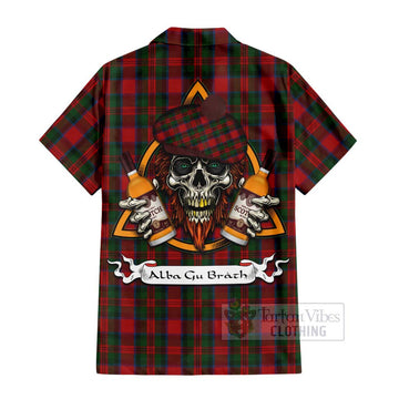 MacDuff (McDuff) Tartan Short Sleeve Button Shirt with Family Crest and Bearded Skull Holding Bottles of Whiskey