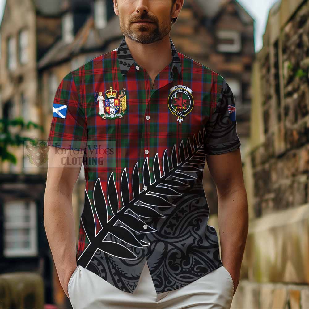 Tartan Vibes Clothing MacDuff (McDuff) Crest Tartan Short Sleeve Button Shirt with New Zealand Silver Fern Half Style