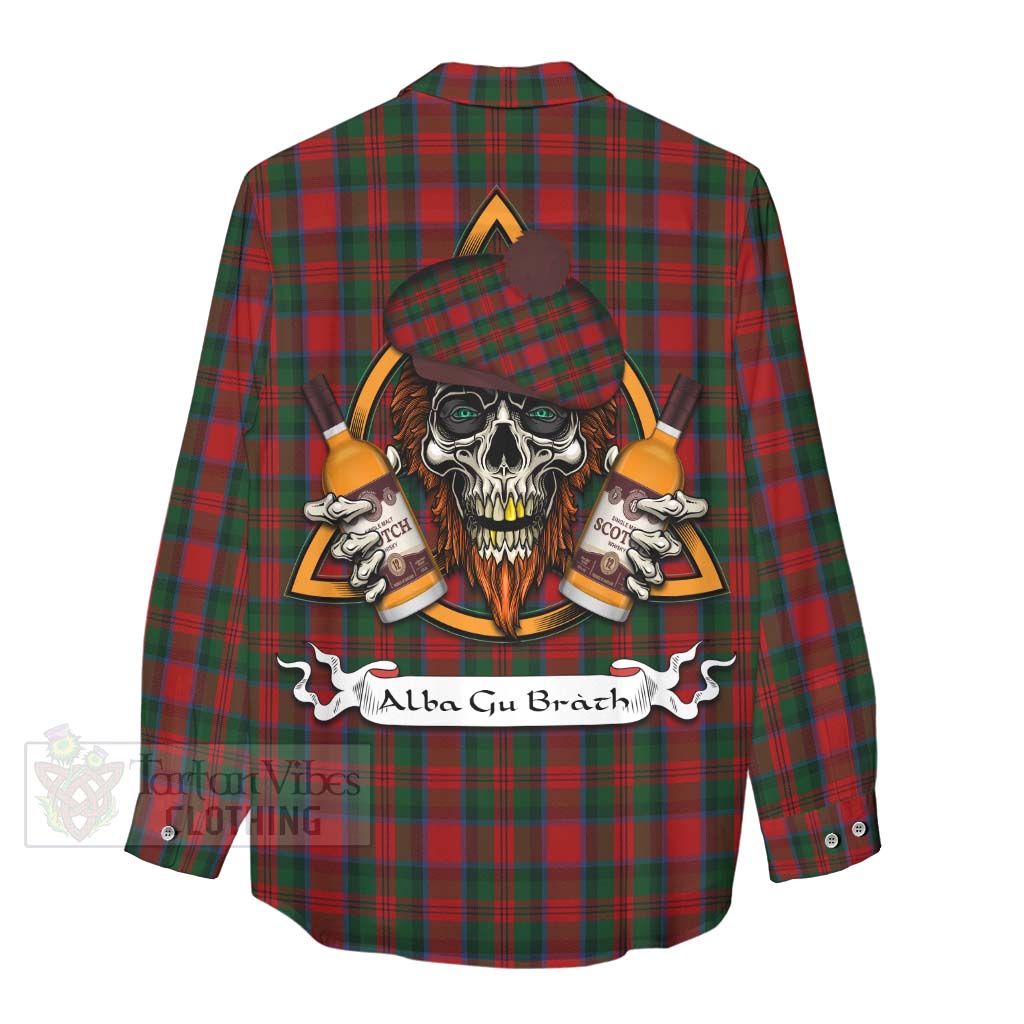 Tartan Vibes Clothing MacDuff (McDuff) Tartan Women's Casual Shirt with Family Crest and Bearded Skull Holding Bottles of Whiskey