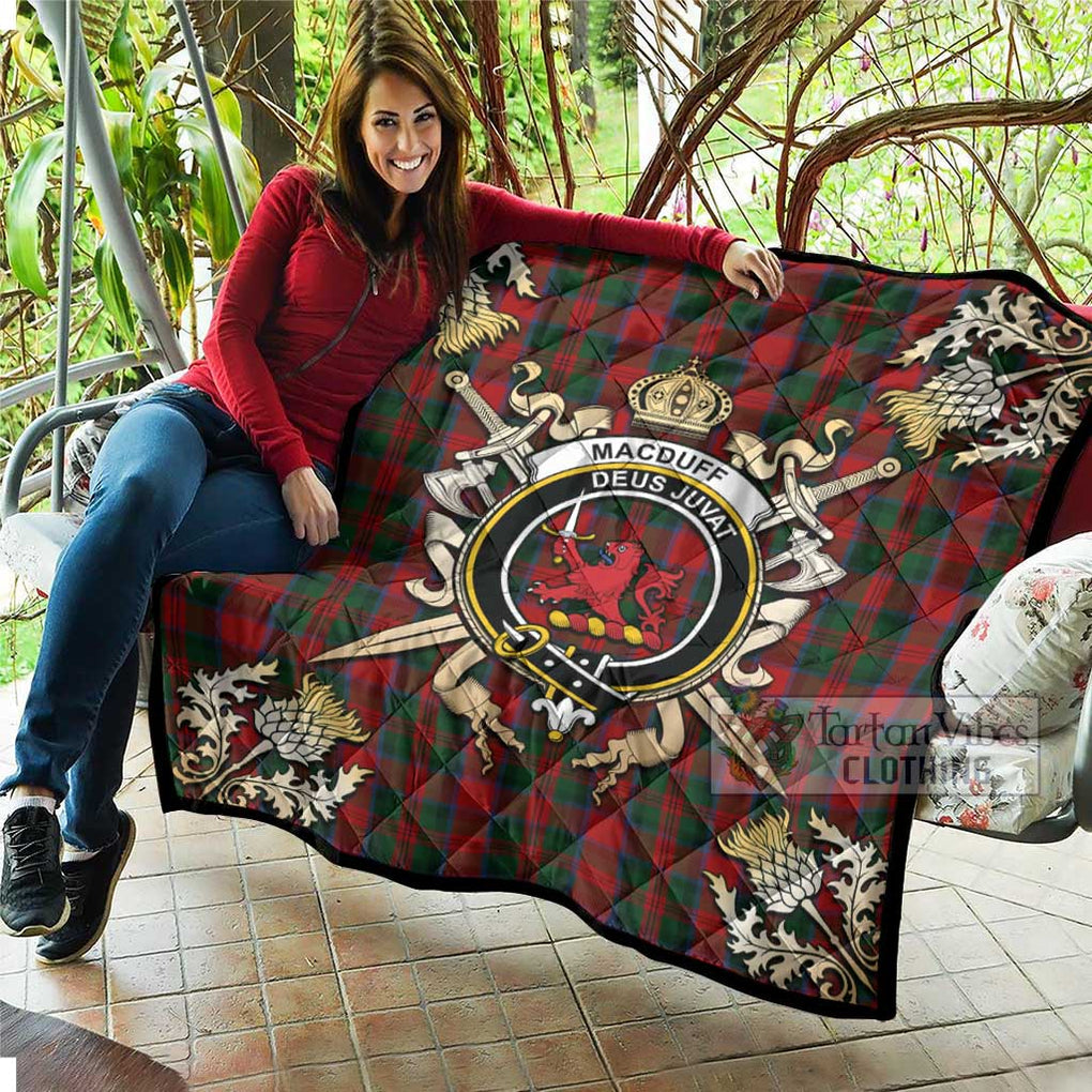 Tartan Vibes Clothing MacDuff (McDuff) Tartan Quilt with Family Crest and Scottish Golden Courage Shield