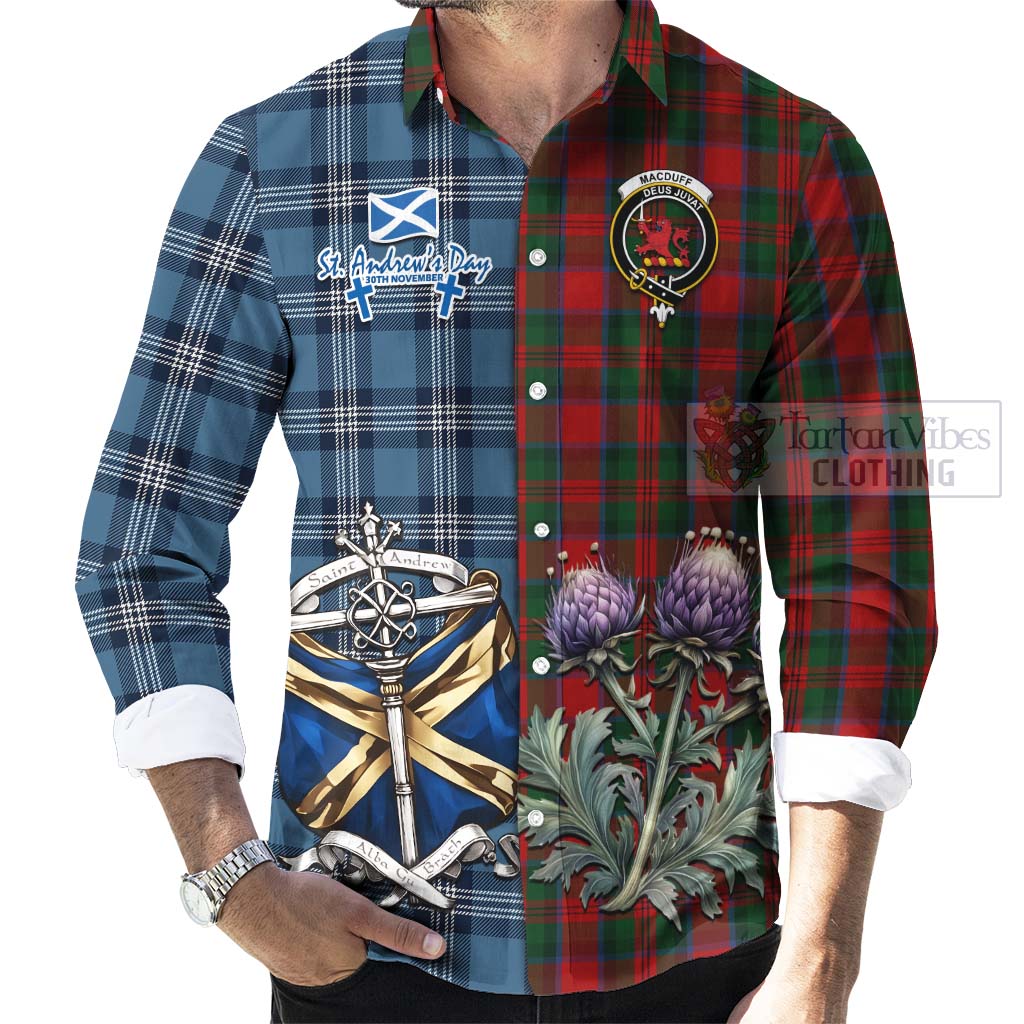 Tartan Vibes Clothing MacDuff (McDuff) Tartan Long Sleeve Button Shirt Happy St. Andrew's Day Half Tartan Style