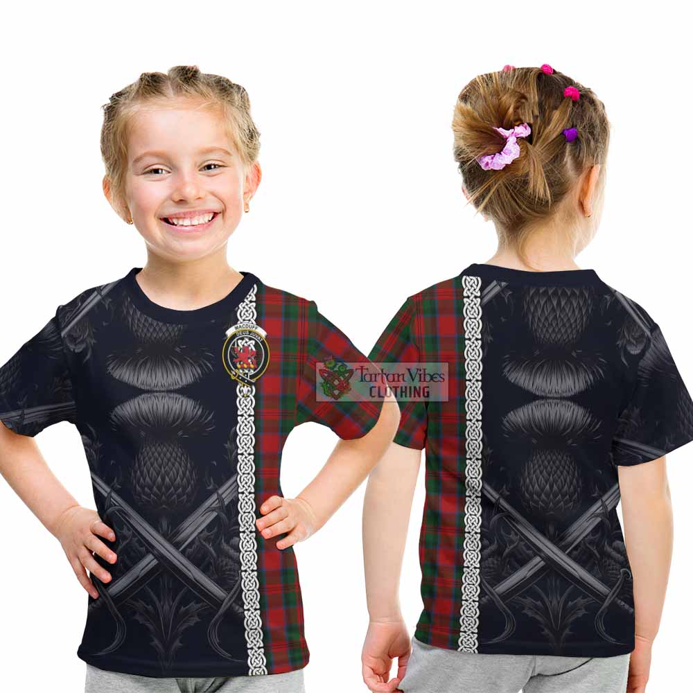 Tartan Vibes Clothing MacDuff (McDuff) Tartan Kid T-Shirt with Family Crest Cross Sword Thistle Celtic Vibes