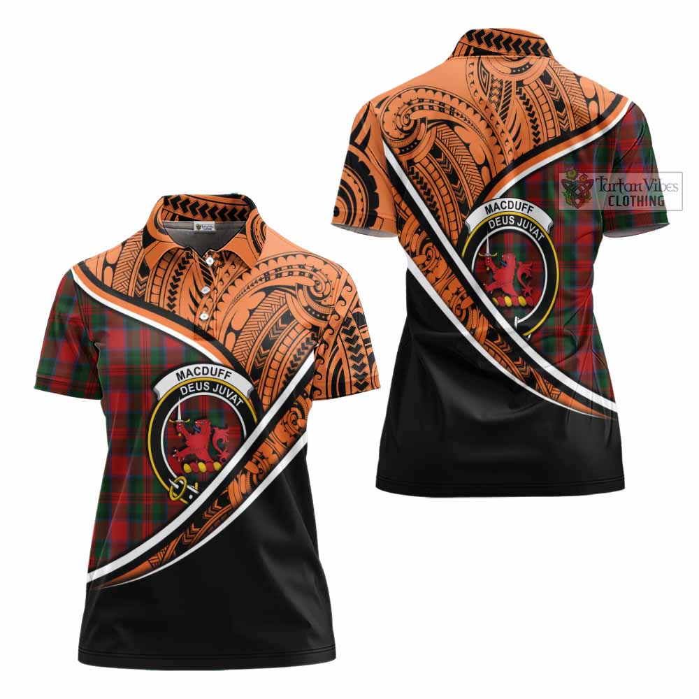 Tartan Vibes Clothing MacDuff (McDuff) Crest Tartan Women's Polo Shirt with Maori Tattoo Style - Orange Version