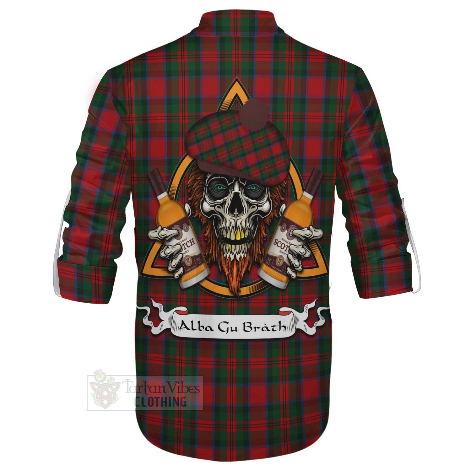 Tartan Vibes Clothing MacDuff (McDuff) Tartan Ghillie Kilt Shirt with Family Crest and Bearded Skull Holding Bottles of Whiskey