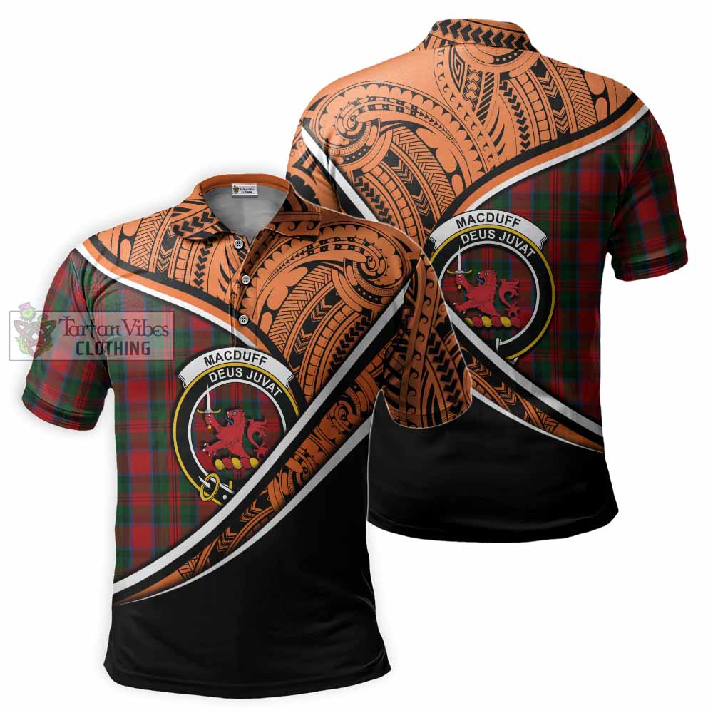 Tartan Vibes Clothing MacDuff (McDuff) Crest Tartan Polo Shirt with Maori Tattoo Style - Orange Version