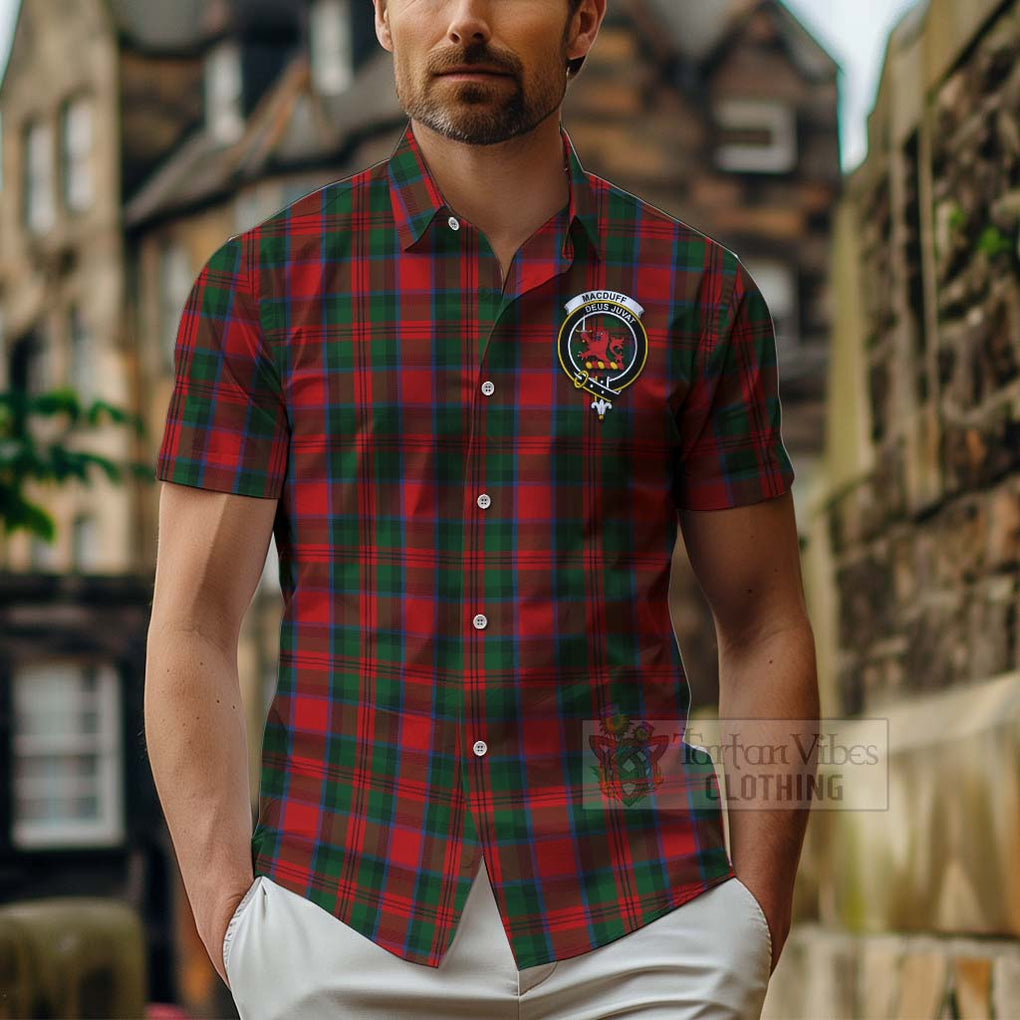 Tartan Vibes Clothing MacDuff (McDuff) Tartan Short Sleeve Button Shirt with Family Crest and Bearded Skull Holding Bottles of Whiskey