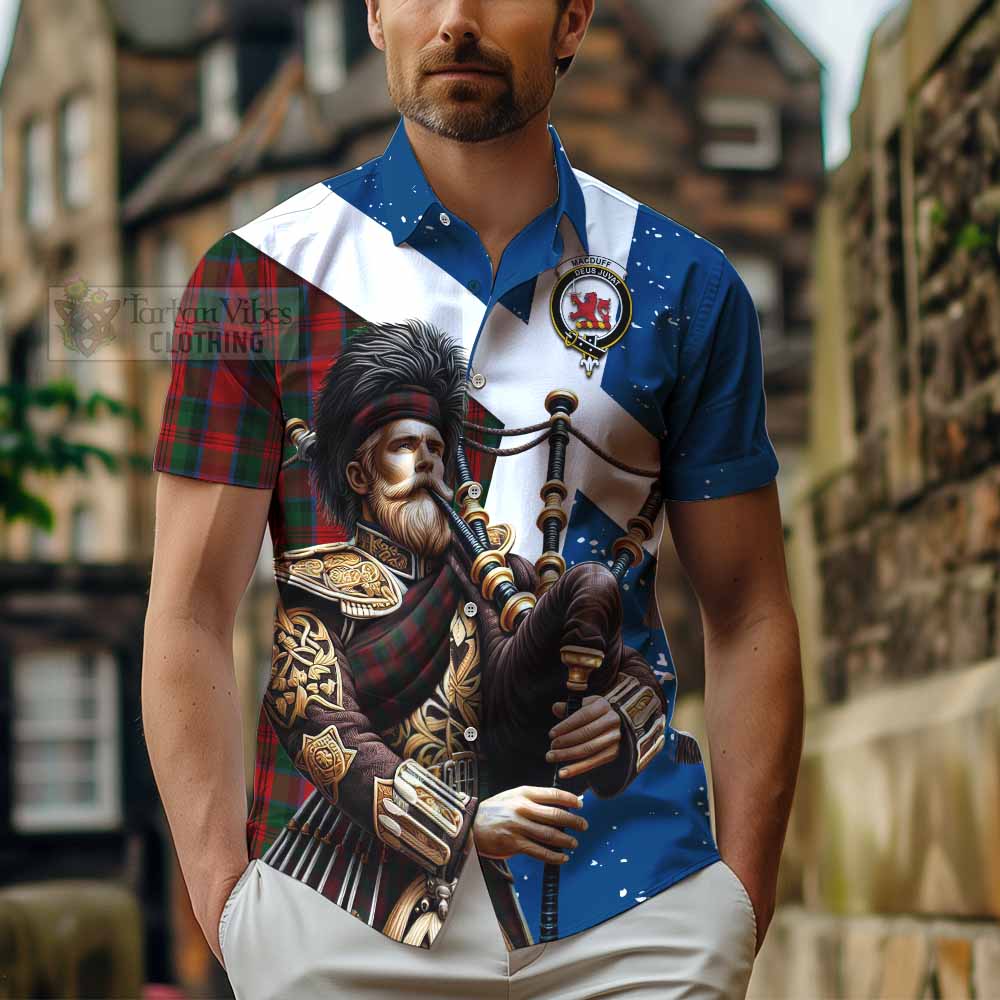 Tartan Vibes Clothing MacDuff (McDuff) Tartan Short Sleeve Button Shirt with Family Crest Scottish Bagpiper Vibes