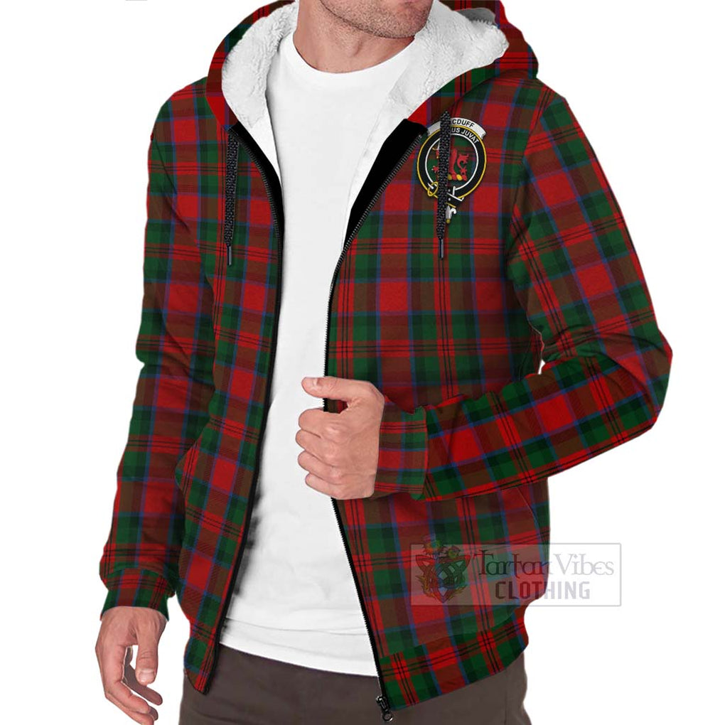 Tartan Vibes Clothing MacDuff (McDuff) Tartan Sherpa Hoodie with Family Crest and Bearded Skull Holding Bottles of Whiskey