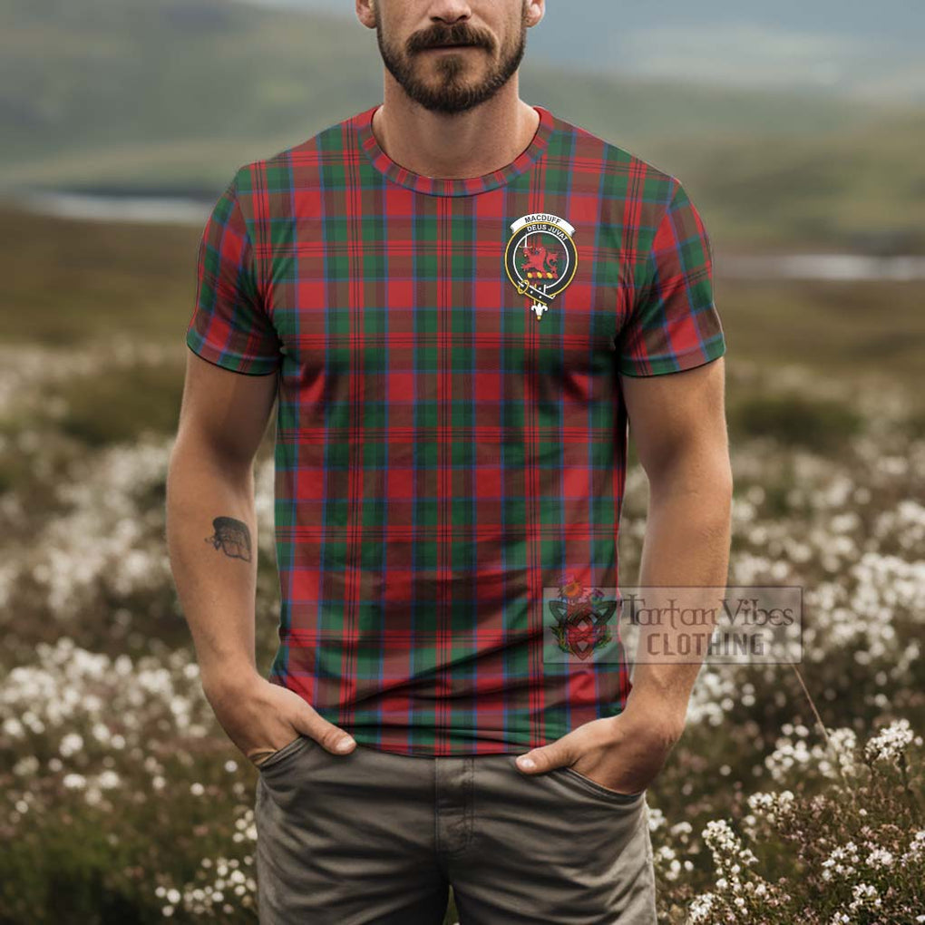 Tartan Vibes Clothing MacDuff (McDuff) Tartan T-Shirt with Family Crest and Bearded Skull Holding Bottles of Whiskey