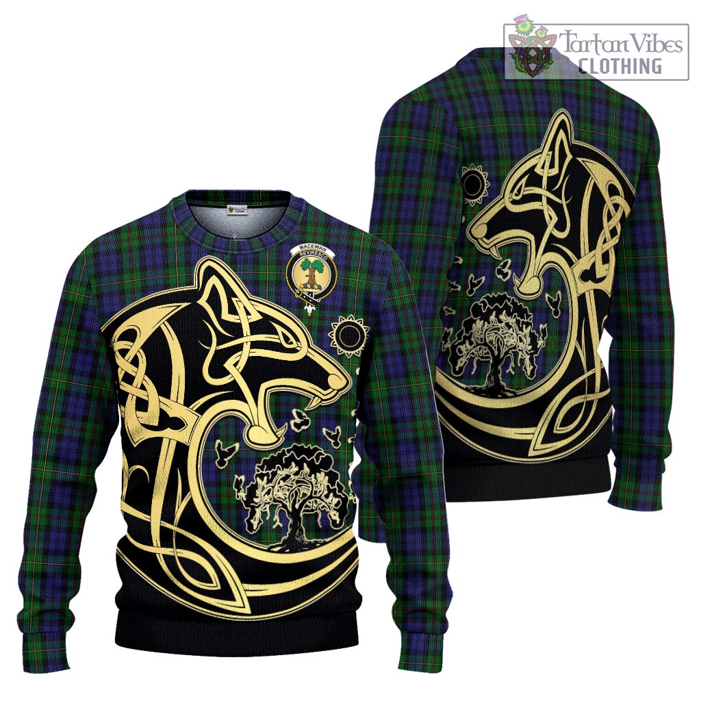 Tartan Vibes Clothing MacEwan Tartan Knitted Sweater with Family Crest Celtic Wolf Style